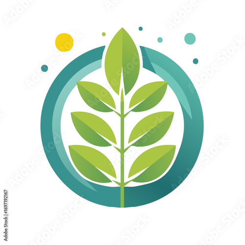 Fresh green plant leaves inside a blue circular frame with colorful dots modern design element