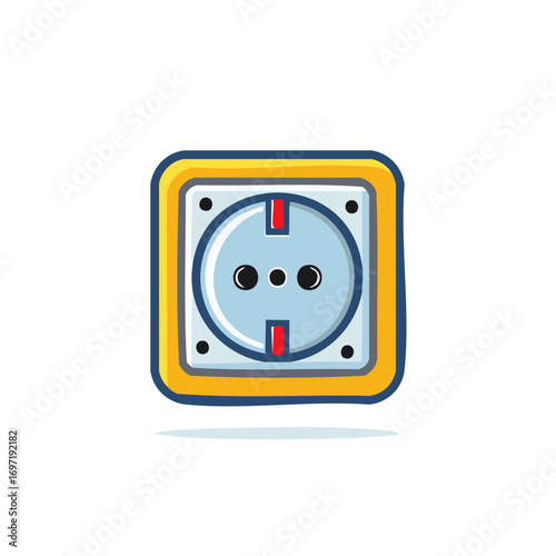 Cartoon electrical socket with a yellow border and blue outline on white background