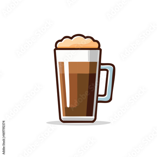 Tall glass of iced coffee with frothy topping and handle