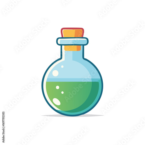 Cartoon illustration of a potion bottle with green liquid and cork stopper