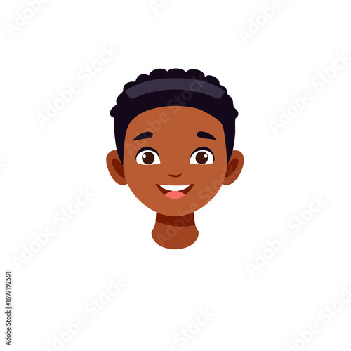 Happy young boy with curly dark hair and brown skin smiling broadly