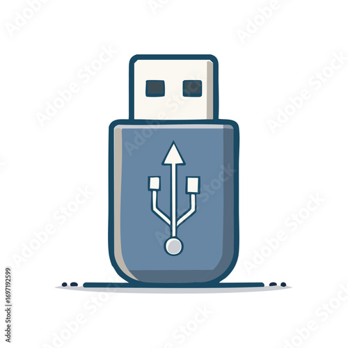 Cartoon illustration of USB flash drive with symbol on a white background.