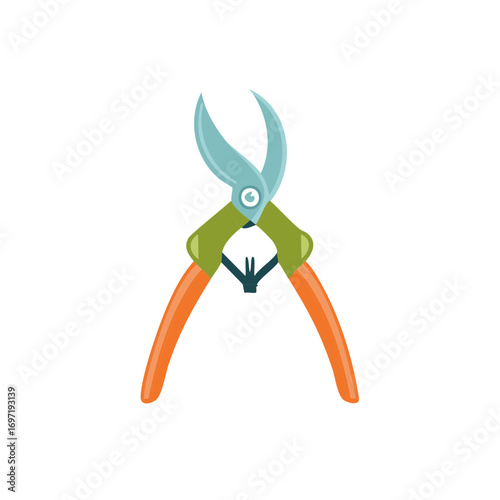 Brightly colored pruning shears, a sharp gardening tool for trimming plants and bushes, flat illustration