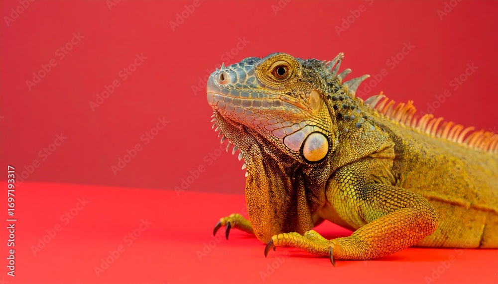 Obraz premium Close-up iguana on vibrant red background