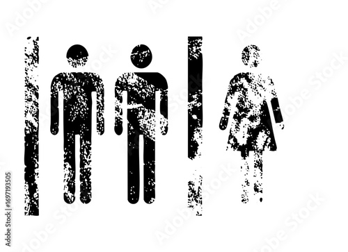 Vector Black silhouettes of people including men and women represent public restroom signage.