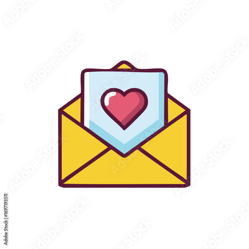 Open envelope with a romantic love letter card and a heart symbol