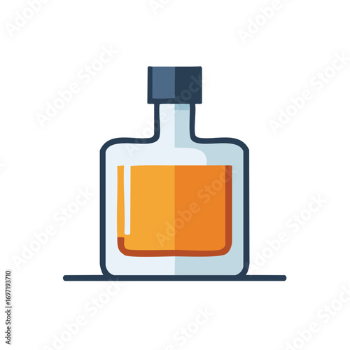 Stylized illustration of a square amber liquid filled bottle with a dark cap