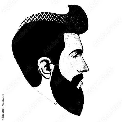 Vector Stylized portrait of a bearded man in profile with patterned hair.