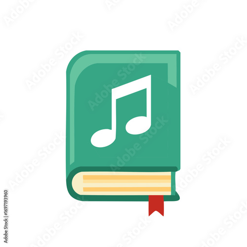 Green book with musical note icon and red bookmark symbolizing music, education, and literature