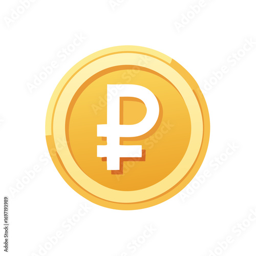 Illustrated gold coin with white ruble symbol, isolated on white background.