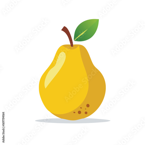 Yellow pear with a green leaf on white background