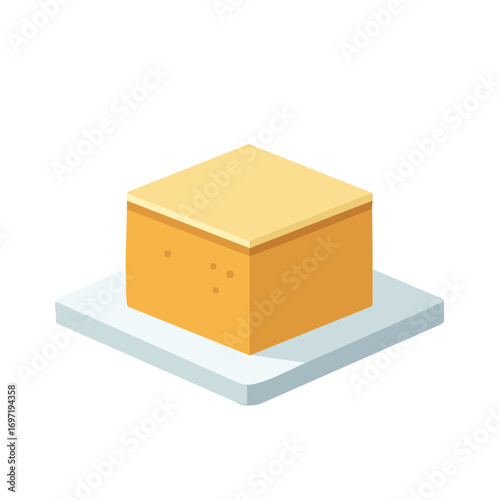 Delicious isometric yellow orange layered dessert block on light blue base