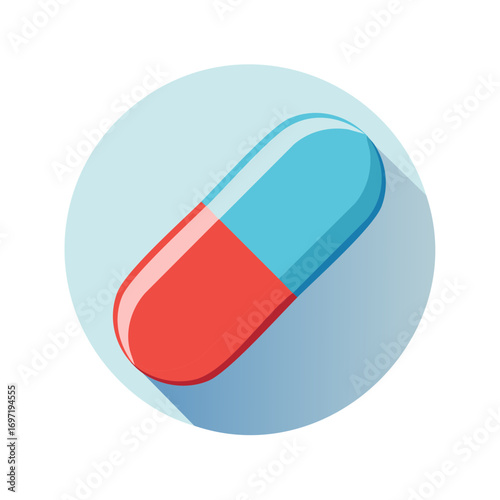 Pill illustration in a blue and red color scheme with shadows on a blue circle