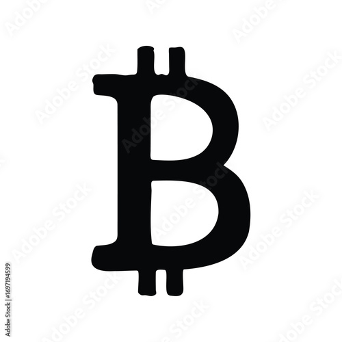 Iconic Bitcoin Symbol in Black and White with Stylized Features and Outline