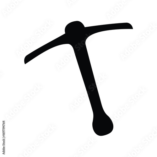 Silhouette of a black mattock or pickaxe tool on a white background