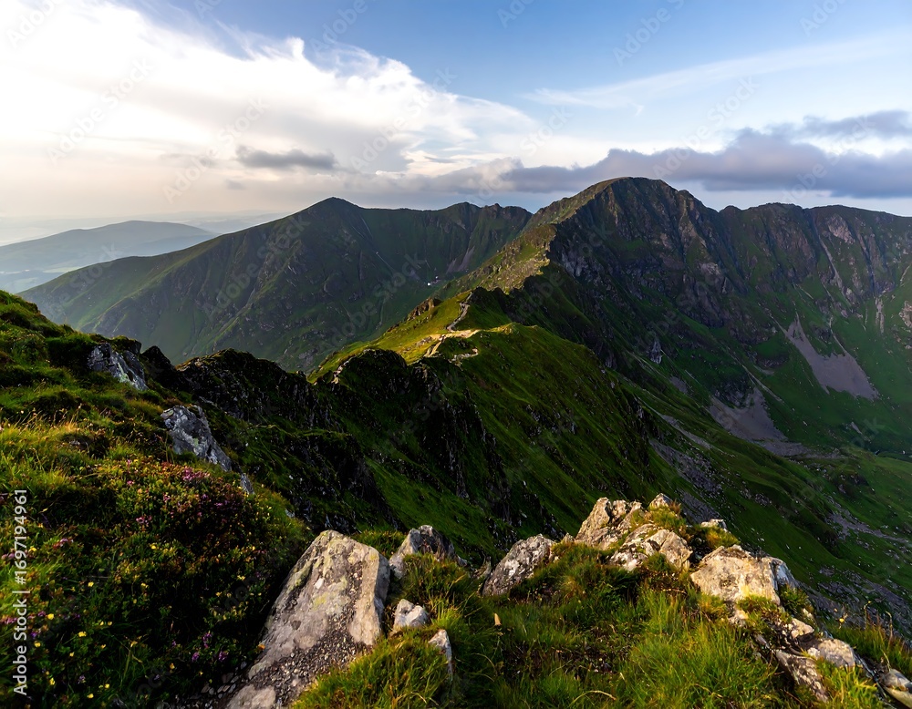Fototapeta premium Serene Mountains Landscape under Cloudscape, Grassy Peak Rocky Terrain View