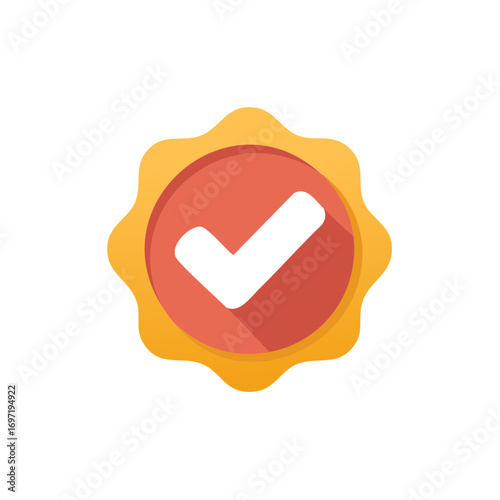 Approved emblem with a checkmark in a red circle surrounded by a gold badge