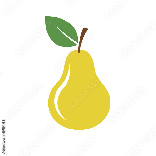 Simple Graphic Illustration of a Single Pear Fruit with Stem and Leaf on a White Background