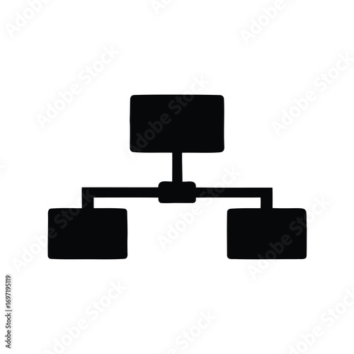 Black flat vector icon representing a simple network diagram or organizational chart with one main node connected to two subordinate nodes, ideal for business, technology