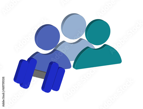 Simple 3D animation of an icon of a group of people with a dumbbell. Transparent background, PNG format.
