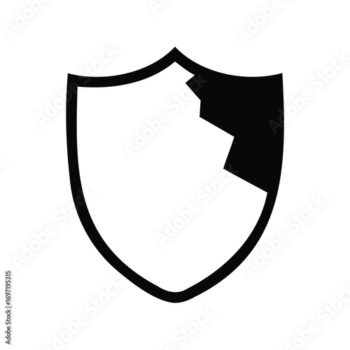 Damaged shield icon illustration, representing vulnerability, security risks, and defensive challenges ahead