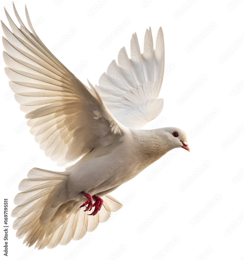 Fototapeta premium Graceful white dove takes flight, symbolizing peace, hope, and new beginnings in a clean, modern aesthetic.