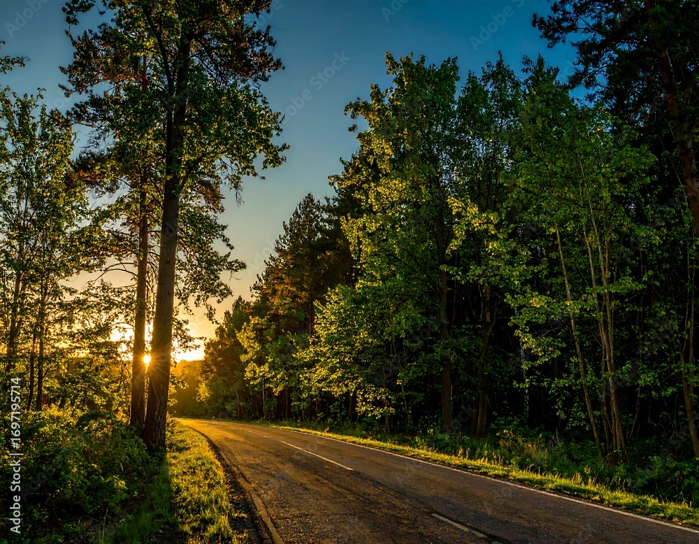 Fototapeta premium Sun-drenched forest road at sunset