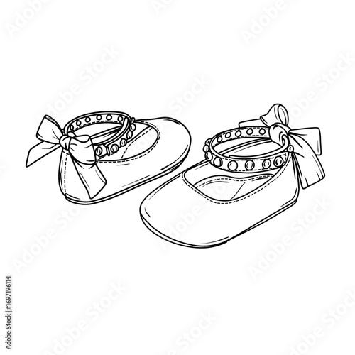 A pair of baby shoes featuring bows, jeweled ankle straps, and a classic design, ideal for newborns vector line art illustration