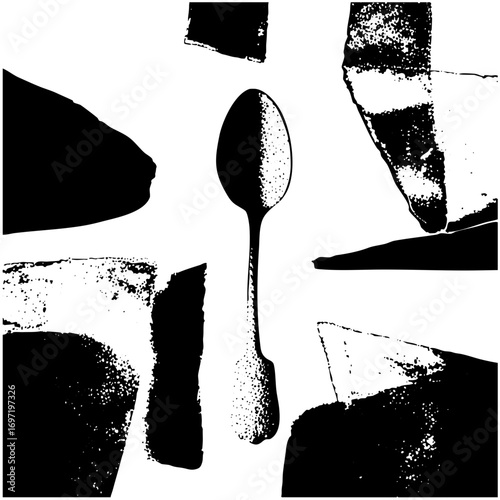 Vector Silver spoon and glassware arrangement in a minimalist style.