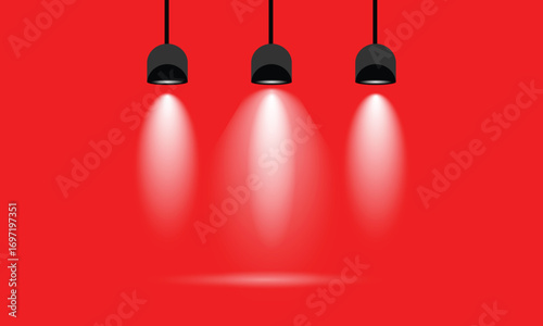 Three black spotlights casting bright white light beams downwards on a vibrant red background vector