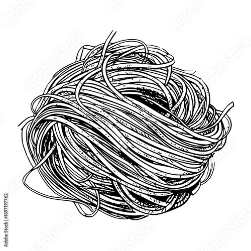 Vector Tangled strands of linear pasta form a chaotic textured heap.