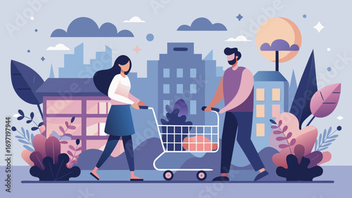Couple pushing shopping cart in a stylized city scene