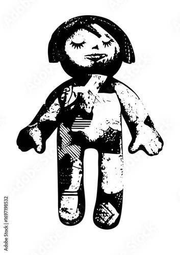 Vector Charming rag doll with closed eyes and patchwork details.