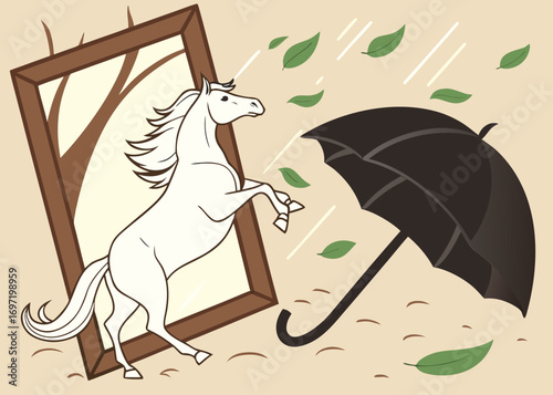 A white horse reaches for an umbrella in a windy leafy downpour