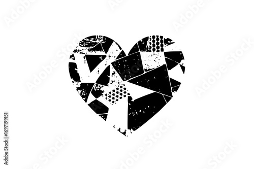Vector Shattered black heart with fragmented geometric shapes.