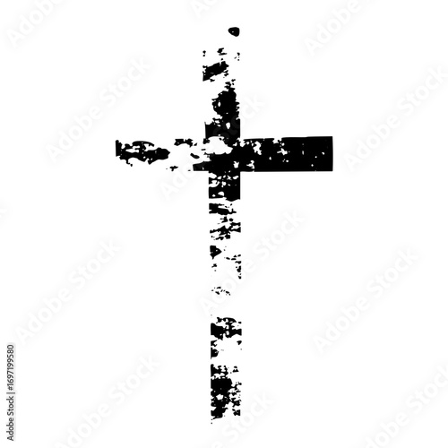 Vector Distressed black cross with a textured fragmented appearance.