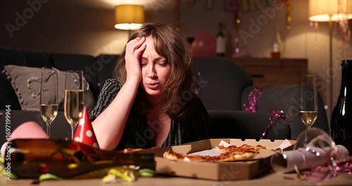 Woman suffering from hangover in messy room after party