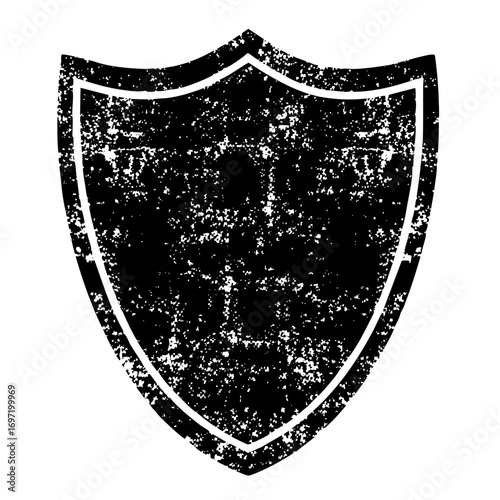Vector Distressed shield emblem with a textured black fill and white border.