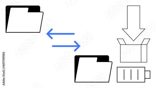 Two folders connected by arrows signify data transfer, leading to a box and battery. Ideal for technology, sharing, storage, workflow, efficiency, logistics power. Simple flat metaphor