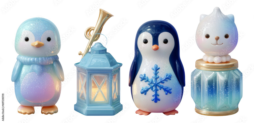 Obraz premium Cute Penguin Figurines with Lantern and Snowflake Design on Transparent Background