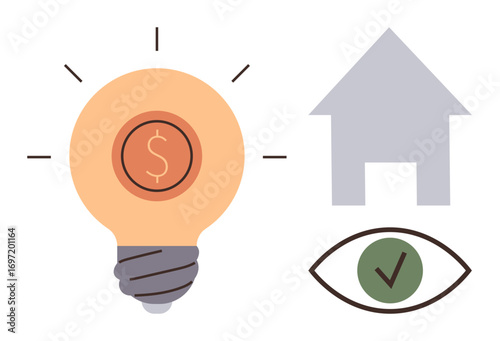 Lightbulb with a dollar sign, a house silhouette, and an eye with a checkmark represent saving, energy efficiency, financial planning. Ideal for sustainability, finance, home improvement, planning