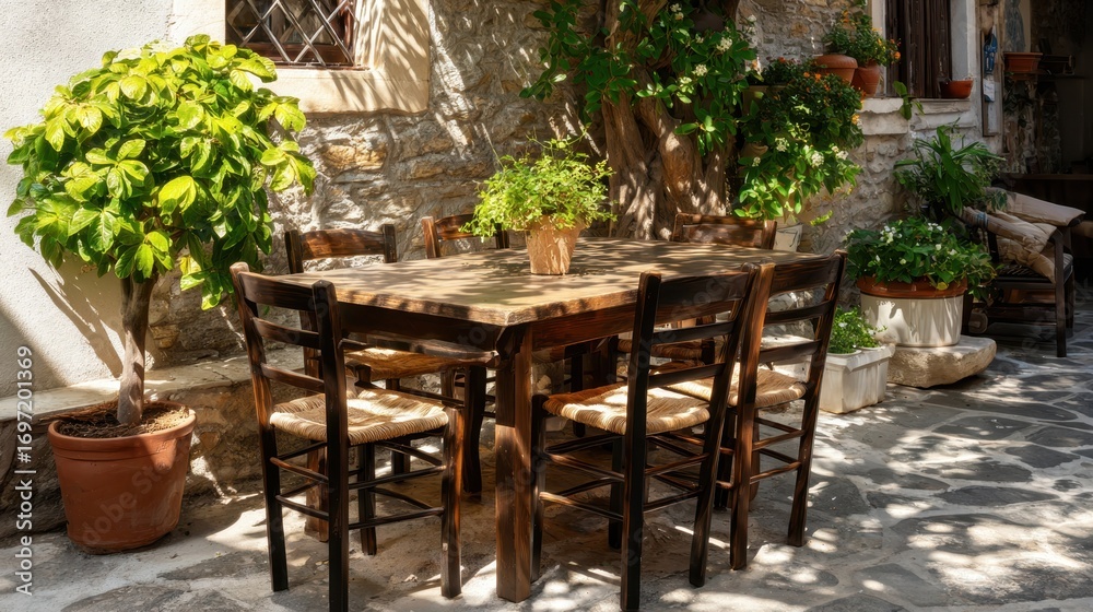 Fototapeta premium Casual outdoor dining spot with rustic wooden chairs around a stone table dappled sunlight creating warm patterns accented by charming potted greenery on a patio.