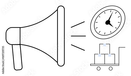 Megaphone projecting sound waves towards wall clock and wheeled pallet with boxes. Ideal for time management, logistics, delivery services, communication, efficiency, urgency, simple flat metaphor