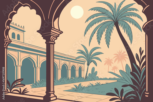 Stylized Indian courtyard with palm trees and arched architecture under a pale sun arches