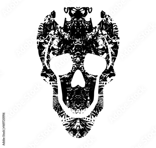 Vector Intricate black skull with ornate crown details.