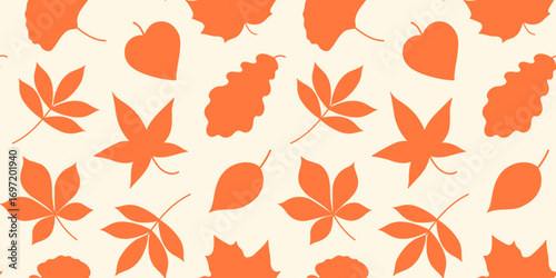 Flat vector seamless autumn leaf pattern in orange silhouettes on light isolated background. For wrapping paper, banner, card, crafts, packaging, printable, textile, decoration, kids, seasonal design.