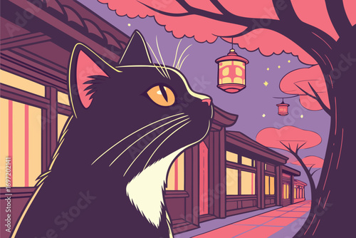 Black cat with yellow eyes looking up in a stylized Japanese setting at dusk animal feline