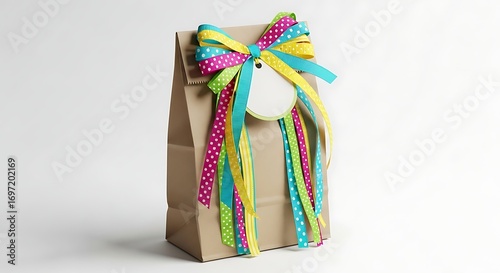 A brown paper gift bag is decorated with a colorful bow made of polka dot and solid ribbons, with streamers hanging down.