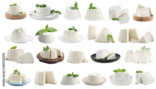 Fototapeta Naklejka Na Ścianę i Meble -  Delicious ricotta cheese isolated on white, collage