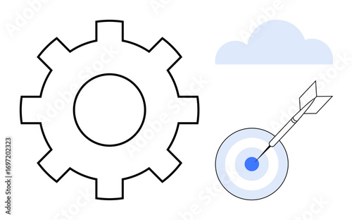 Large gear beside a dart hitting a bullseye and a small cloud accent. Ideal for teamwork, strategy, innovation, optimization, success, productivity, focus. Clean and simple flat metaphor